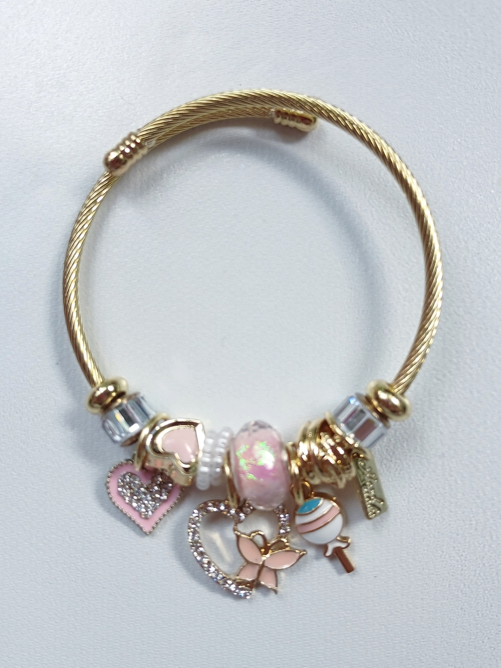 Gold-Tone Pink Heart Charm Bracelet - Women Jewelry